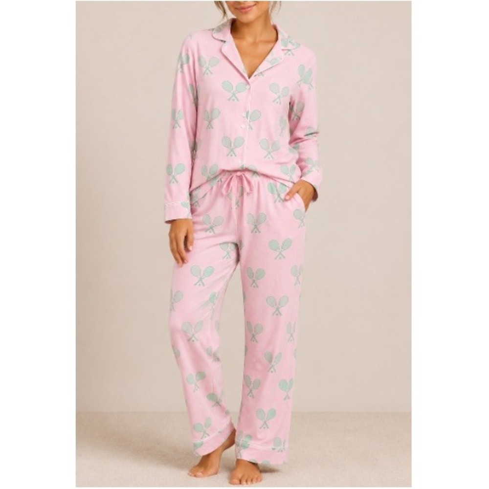 Runway Athletics Women's Long Sleeve Pink Tennis Racket Print Pajama Set Size S